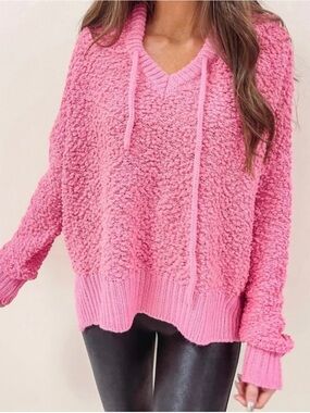 Cozy Popcorn Knit V-Neck Hoodie Sweater - Pink